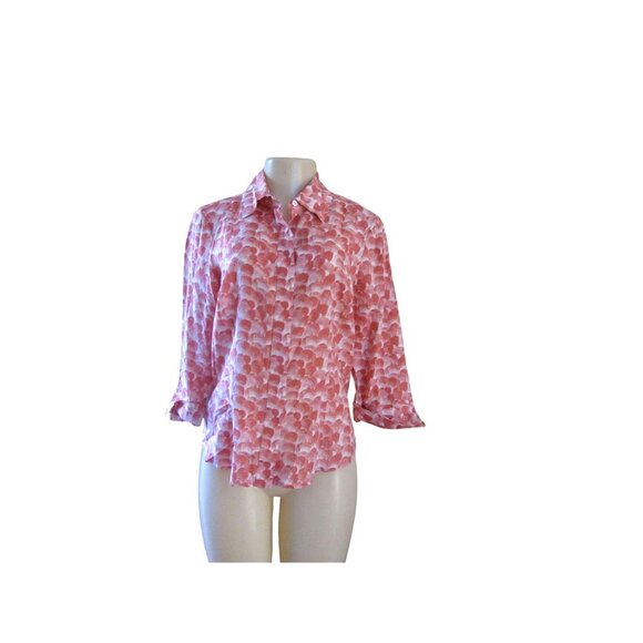 Vintage New w Tags Doncaster Salmon & White Cotton Silk Button-Up Blouse Sz 8 - Picture 2 of 8